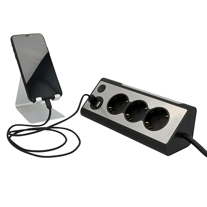 Tischsteckdose - 3-fach, 2 USB-Anschlüsse, Silber/Schwarz - Diagonale Ansicht
