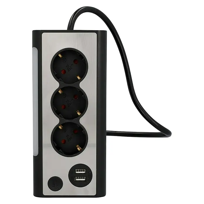 Tischsteckdose - 3-fach, 2 USB-Anschlüsse, Silber/Schwarz - Vorderansicht