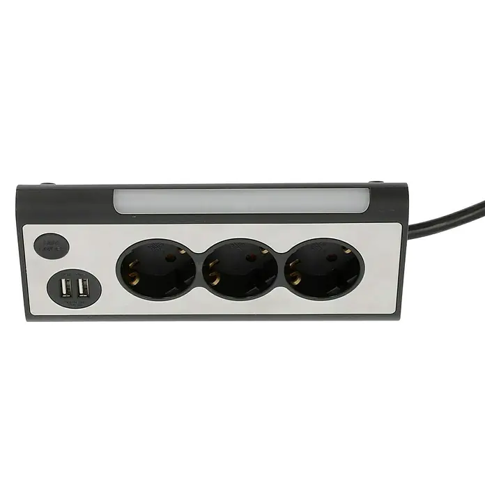 Tischsteckdose - 3-fach, 2 USB-Anschlüsse, Silber/Schwarz - Diagonale Ansicht