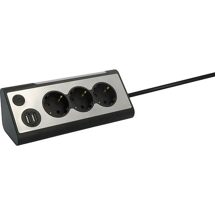 Tischsteckdose - 3-fach, 2 USB-Anschlüsse, Silber/Schwarz - Detailaufnahme