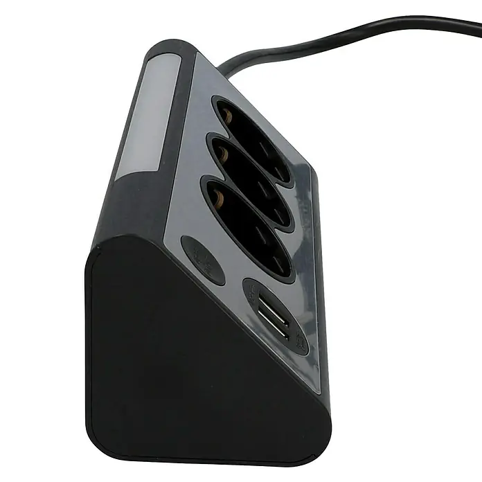 Tischsteckdose - 3-fach, 2 USB-Anschlüsse, Silber/Schwarz - Diagonale Ansicht