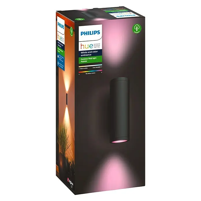 Philips Hue LED-Außenwandleuchte Appear - 8 W, 11,7 x 8,4 x 24 cm, Schwarz, IP44 - Diagonale Ansicht