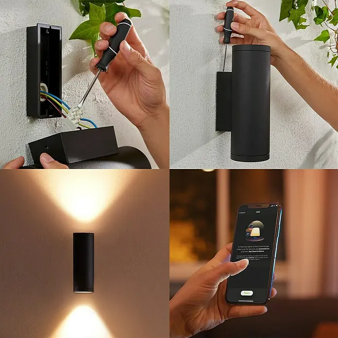 Philips Hue LED-Außenwandleuchte Appear - 8 W, 11,7 x 8,4 x 24 cm, Schwarz, IP44 - Stimmungsaufnahme
