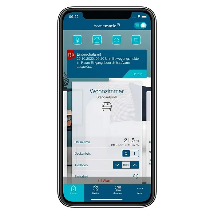 Homematic IP Alarmsirene HmIP-ASIR-2 - Batteriebetrieben, Alarmsignal: 90 dB, Ø x H: 12,4 x 4,5 cm - Anwendungsbeispiel