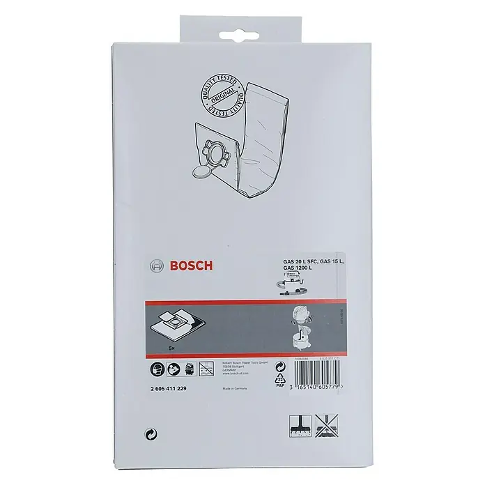 Bosch Staubsaugerbeutel - 5 Stk., Passend für: GAS 20 L PROFESSIONAL - Vorderansicht