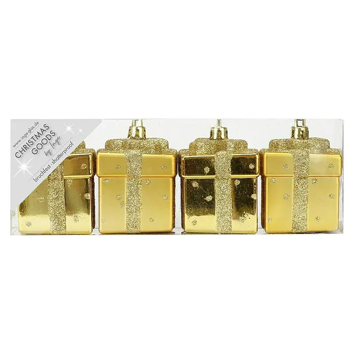 Christbaumschmuck Geschenkbox - Gold, Kunststoff, 4 Stk. - Vorderansicht