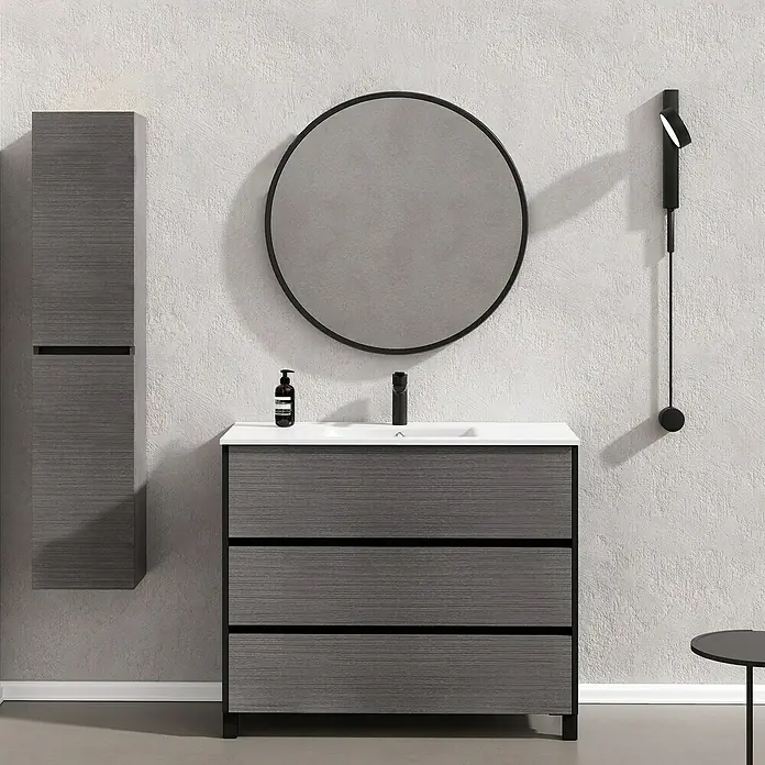 Conjunto de mueble de baño Africa - 100 cm, 3 piezas, Ceniza, Negro, Mate - Foto ambiente