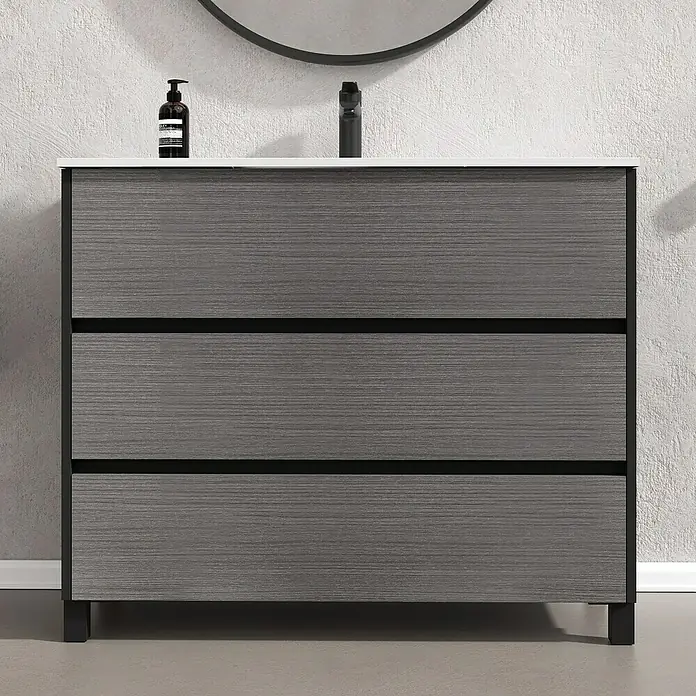 Conjunto de mueble de baño Africa - 100 cm, 3 piezas, Ceniza, Negro, Mate - Foto ambiente