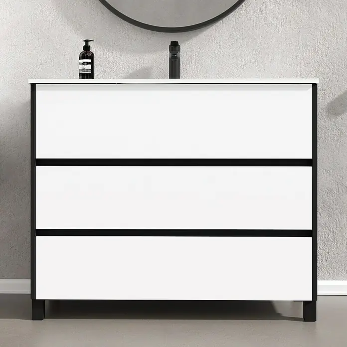 Conjunto de mueble de baño Africa - 100 cm, 3 piezas, Blanco/Negro, Mate - Foto ambiente