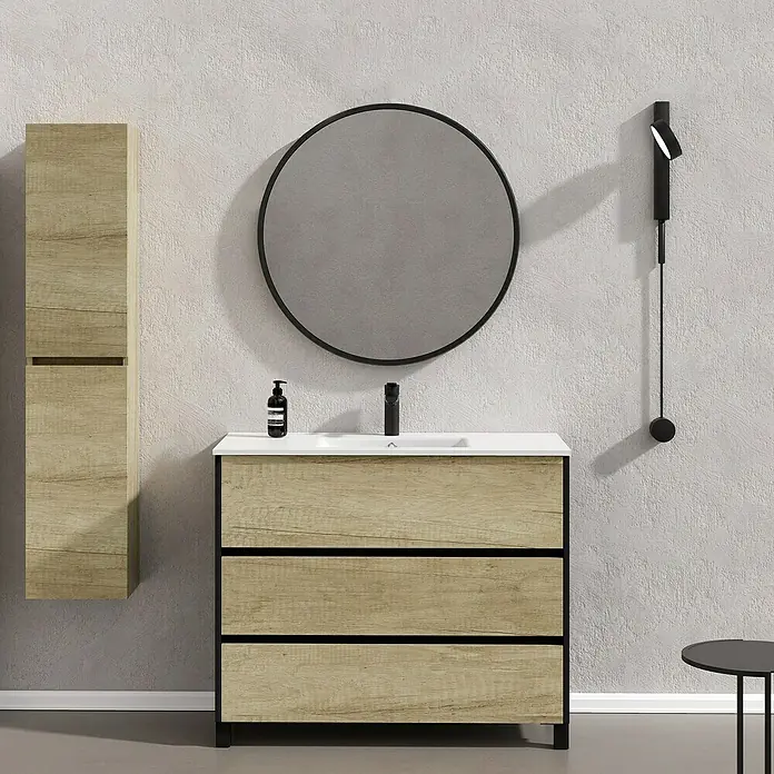 Conjunto de mueble de baño Africa - 100 cm, 3 piezas, Nature, Negro, Mate - Foto ambiente