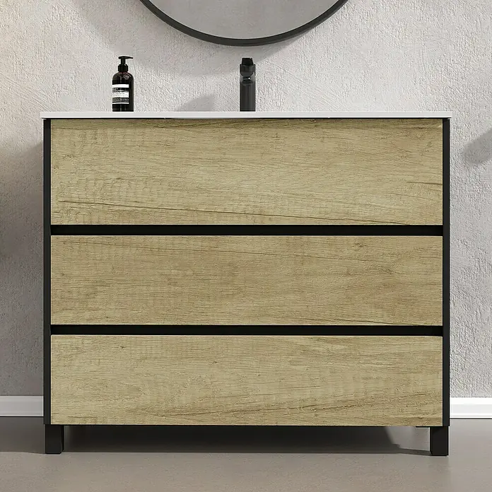 Conjunto de mueble de baño Africa - 100 cm, 3 piezas, Nature, Negro, Mate - Foto ambiente