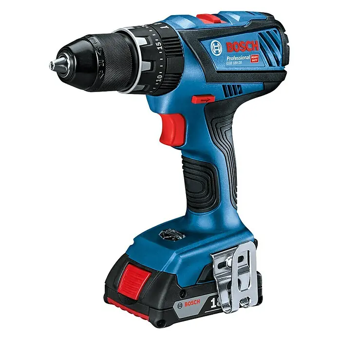 Bosch Professional Akku-Schlagbohrschrauber GSB 18V-28 - 18 V, 2 Akkus, 2 Ah - 4 Ah, Leerlaufdrehzahl: 1.900 U/min, Zubehör: 82 -tlg. - Diagonale Ansicht