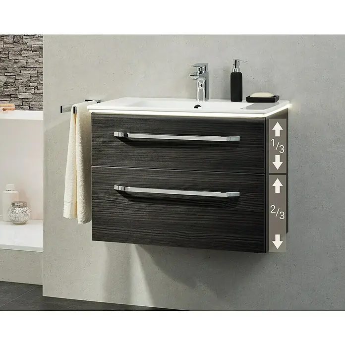 Camargue Star Waschtischunterschrank - 69,4 x 48,9 x 51,8 cm, Mit Beleuchtung, Darkoak, Matt - Stimmungsaufnahme