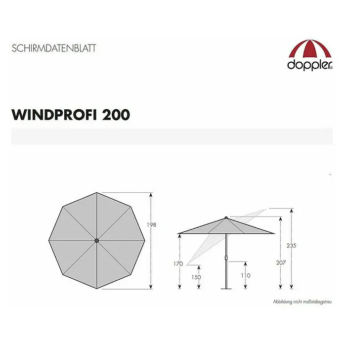 Derby Sonnenschirm Windprofi - Blau, Anthrazit, Durchmesser: 200 cm - Skizze