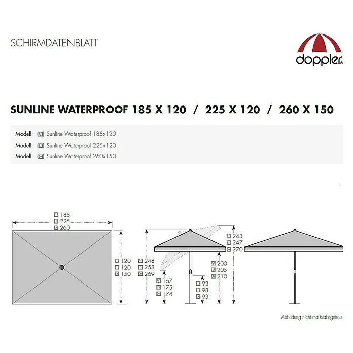 Doppler Sunline Sonnenschirm Waterproof Neo - Terra, 185 x 120 cm - Skizze