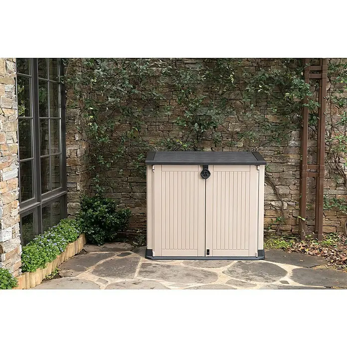 Keter Cobertizo universal Sio Midi - L x An x Al: 132 x 71,5 x 113,5 cm, Beige/Marrón - Foto ambiente