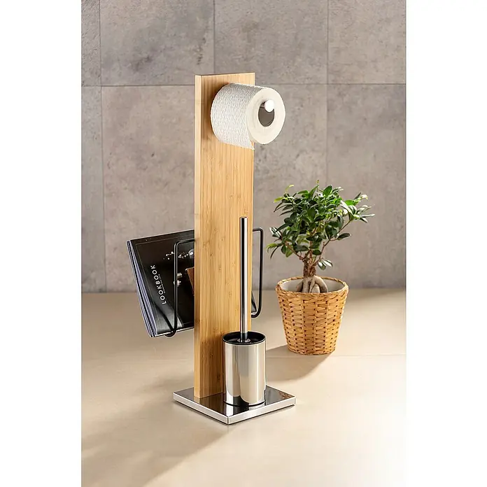 Wenko Conjunto de escobillero y portarrollos con revistero Portofino - Altura: 68 cm, Acero inoxidable/bambú - Foto ambiente