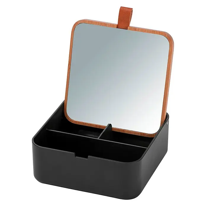 Wenko Caja de almacenaje joyero con espejo Bovisa - 14 x 14 x 5,5 cm, Plástico, Negro - Vista angular