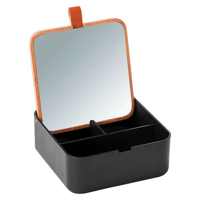 Wenko Caja de almacenaje joyero con espejo Bovisa - 14 x 14 x 5,5 cm, Plástico, Negro - Vista angular