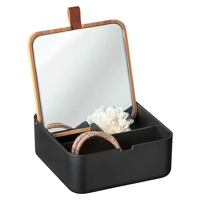 Wenko Caja de almacenaje joyero con espejo Bovisa - 14 x 14 x 5,5 cm, Plástico, Negro - Vista angular