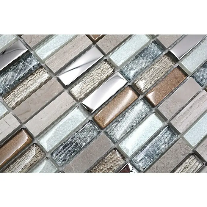 Mozaïektegel rechthoek glas Mix XCM SM68 - 29,8 x 30,4 cm, Beige/Bruin, Glanzend - Close-up