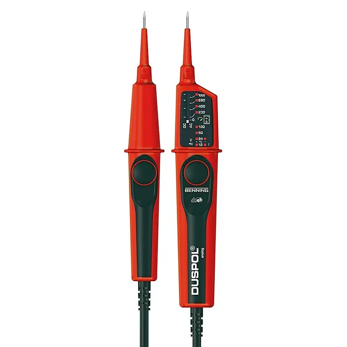 Benning Spannungsprüfer Duspol analog - 12/24/50/120/230/400/690/1.000 V, 2-polig, Schwarz, Rot - Vorderansicht