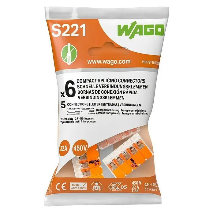 Wago Conector rápido Compacto - Número de conductores: 5 ud., 450 V, 6 ud. - Vista frontal