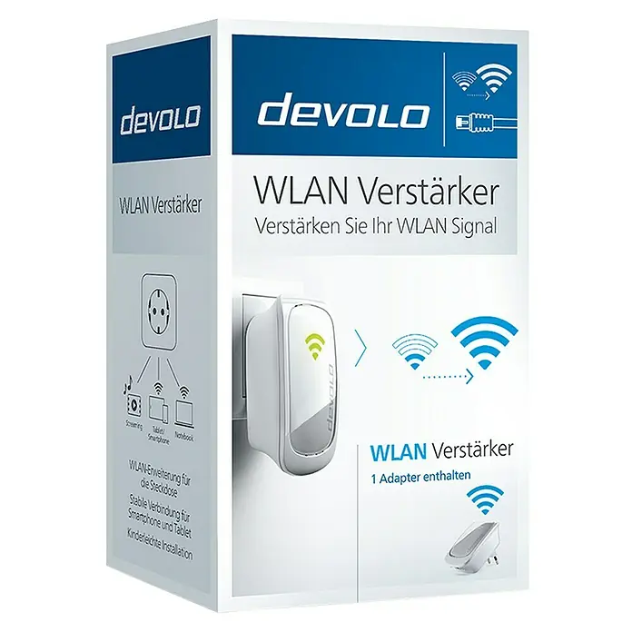 Devolo WLAN-Verstärker Repeater PLC9779 - 1 x Eurostecker (Typ C), 1 x RJ45-Buchse, Weiß, Bis zu 300 Mbit/s (WLAN) - Diagonale Ansicht