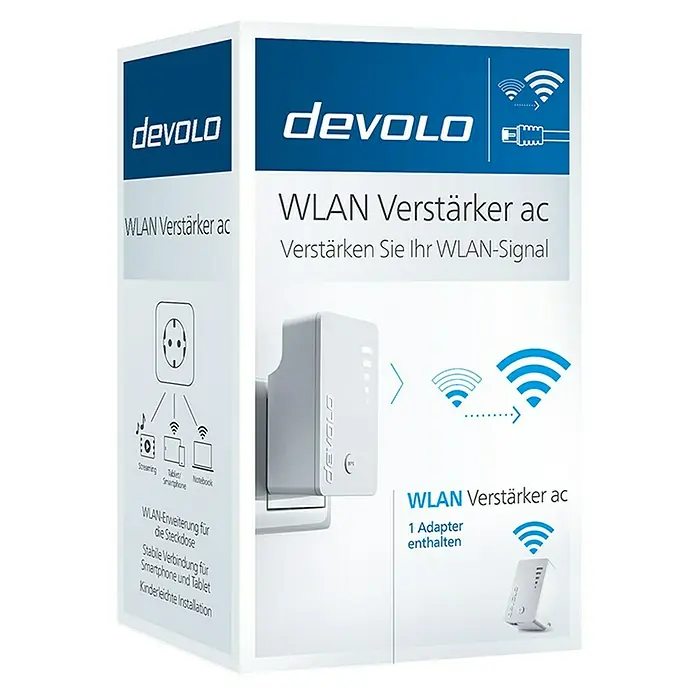 Devolo WLAN-Verstärker Repeater PLC9844 - 1 x Eurostecker (Typ C), 1 x RJ45-Buchse, Weiß, Bis zu 1.200 Mbit/s (WLAN) - Diagonale Ansicht