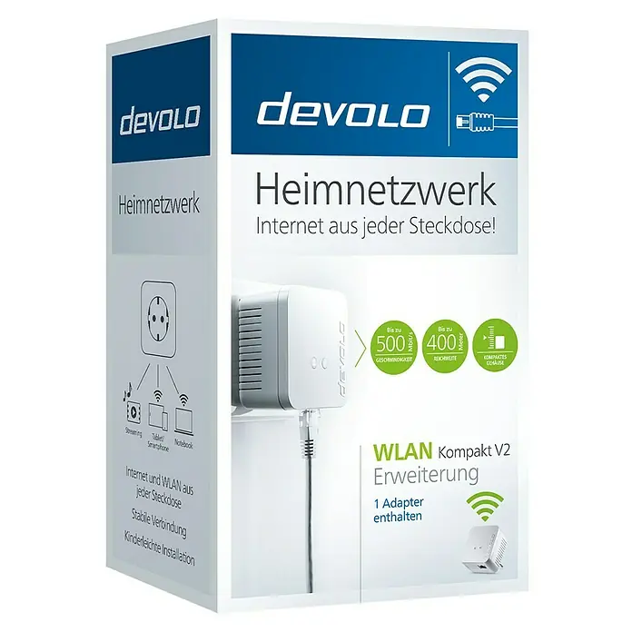 Devolo Netzwerkadapter WLAN Kompakt V2 Erweiterung - RJ45-Buchse, Weiß - Diagonale Ansicht