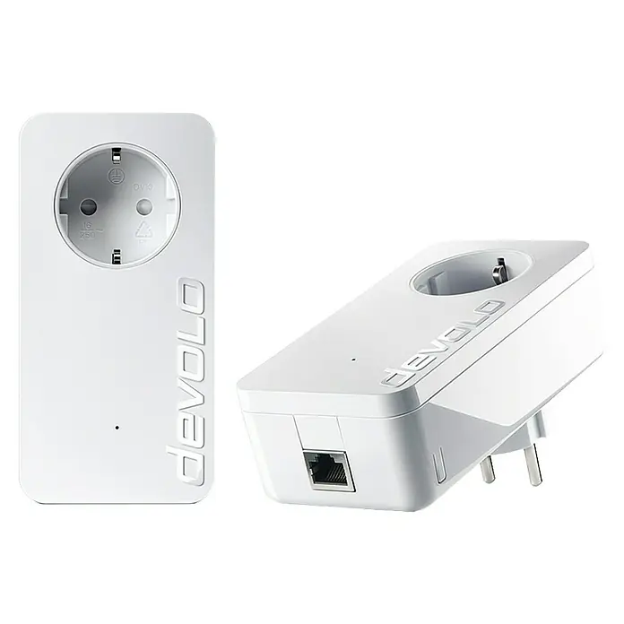 Devolo Netzwerk-Starter-Set LAN Komfort Plus - 1 x Schukostecker (Typ F), 1 x RJ45-Buchse, Weiß - Diagonale Ansicht