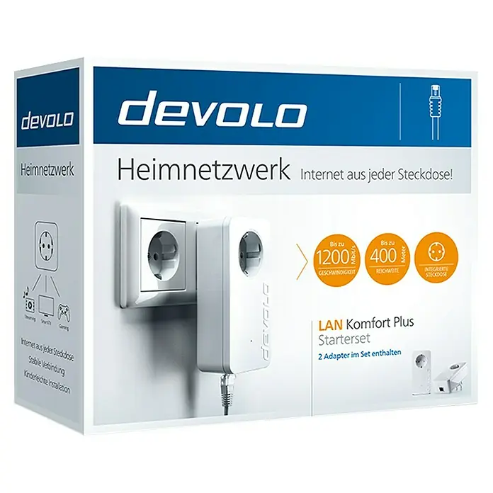 Devolo Netzwerk-Starter-Set LAN Komfort Plus - 1 x Schukostecker (Typ F), 1 x RJ45-Buchse, Weiß - Diagonale Ansicht