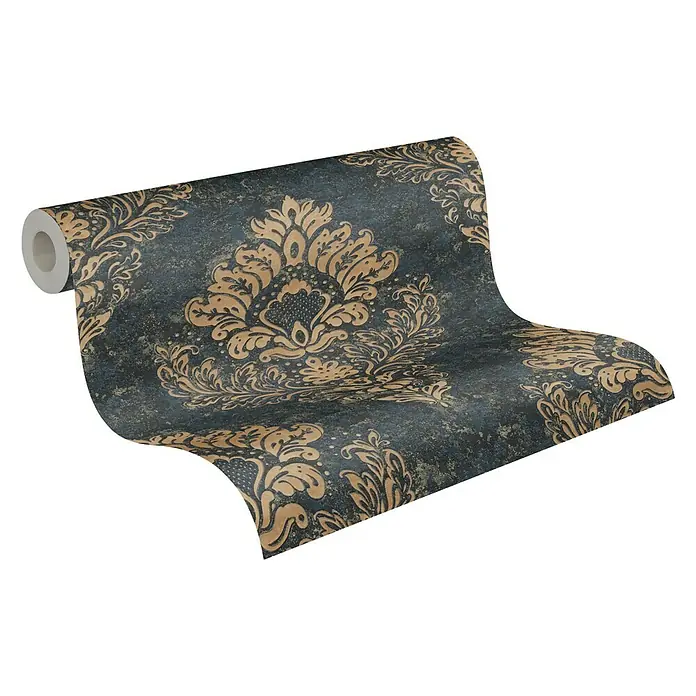 AS Creation Metropolitan Stories II Vliestapete Damask - Blau/Gold, Ornament, 10,05 x 0,53 m - Diagonale Ansicht