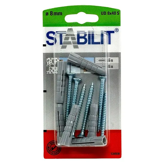 Stabilit Universal-Durchsteckdübel-Set - Durchmesser Dübel: 8 mm, Länge Dübel: 40 mm, 6 Stk., Mit Schrauben - Vorderansicht