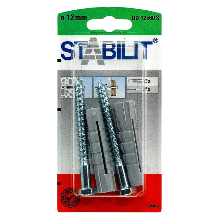 Stabilit Universal-Durchsteckdübel-Set - Durchmesser Dübel: 12 mm, Länge Dübel: 60 mm, 2 Stk., Mit Schrauben - Vorderansicht