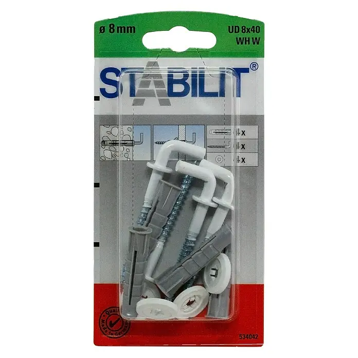 Stabilit Universaldübel-Set - Durchmesser Dübel: 8 mm, Länge Dübel: 40 mm, 4 Stk., Mit Haken, Weiß - Vorderansicht