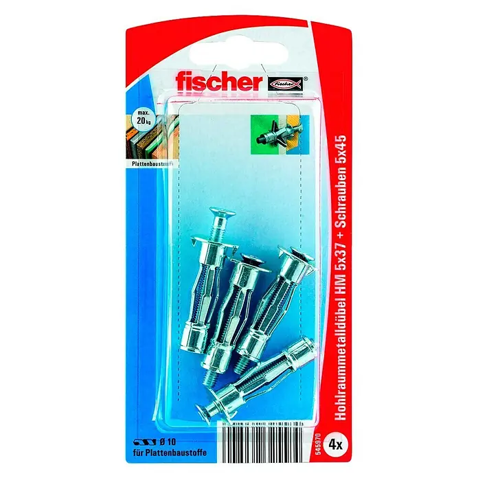 Fischer Hohlraumdübel HM 5x37 SK - Länge Dübel: 37 mm, 4 Stk., Silber - Vorderansicht