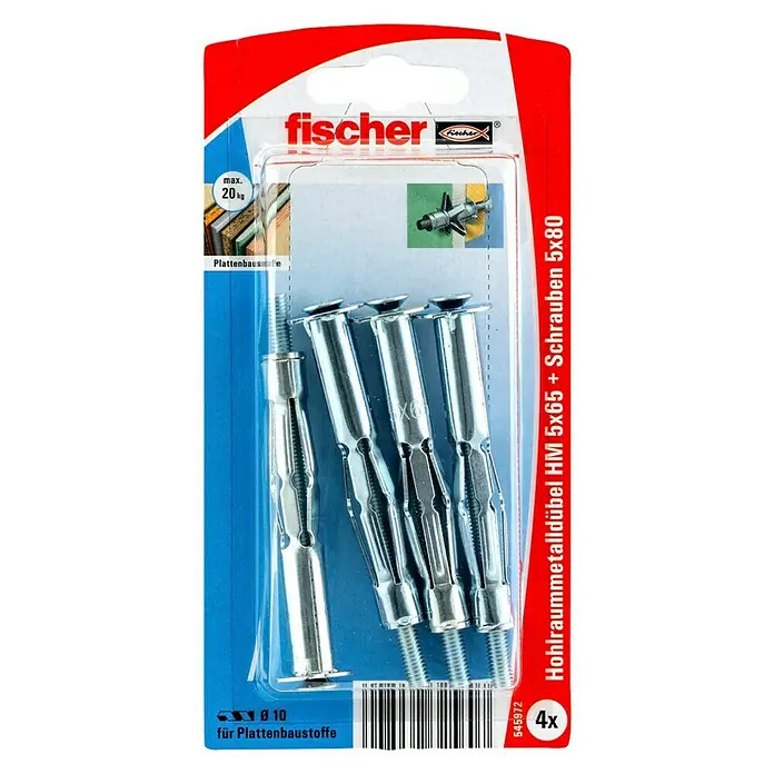 Fischer Hohlraumdübel HM 5x65 SK - Länge Dübel: 65 mm, 4 Stk., Silber - Vorderansicht