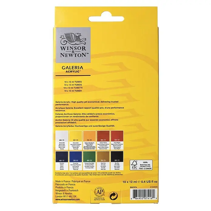 Winsor & Newton Galeria Acrylfarben-Set - 10 Stk. x 12 ml, Tube - Rückansicht