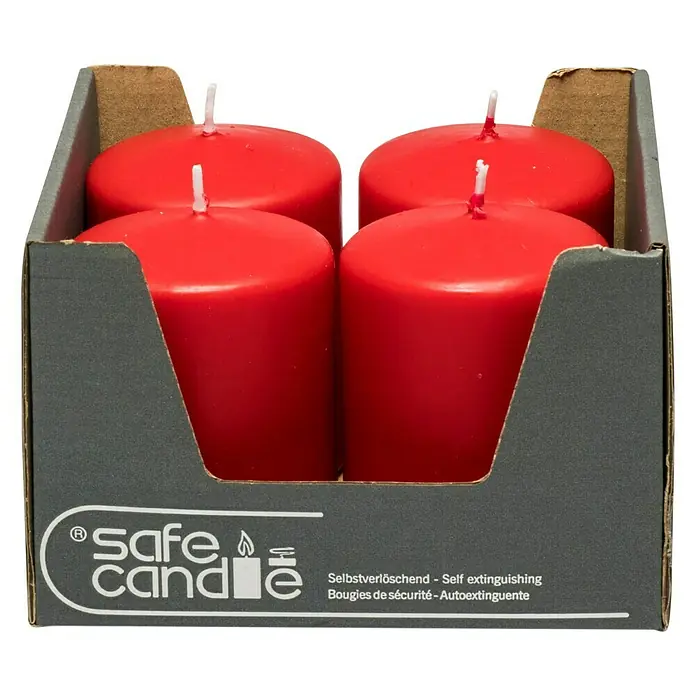 Stumpenkerzen-Set Safe - 4 Stk., Ø x H: 6 x 10 cm, Rubinrot - Vorderansicht
