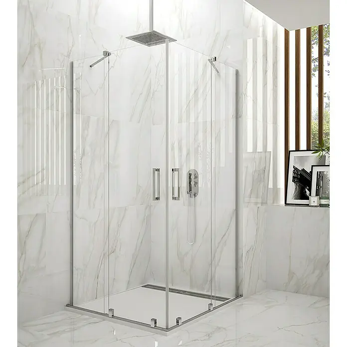 GME Mampara de ducha esquinera Vitro Angular - L x An x Al: 75 x 130 x 196 cm, Vidrio transparente, Espesor: 6 mm, Plata brillo - Foto ambiente