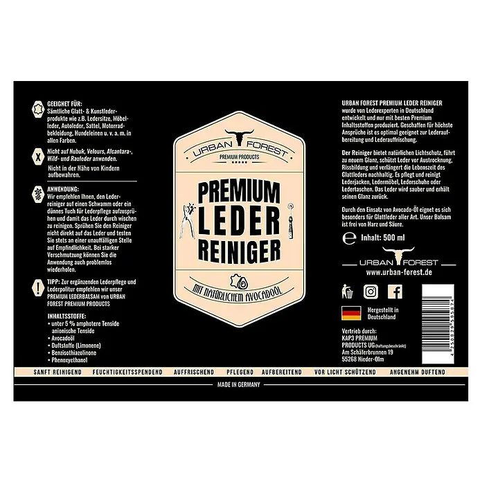 Urban Forest Premium Lederreiniger - 500 ml, Flasche mit Sprühkopf - Draufsicht