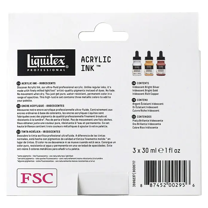 Liquitex Professional Zeichentinten-Set Irisierend - 3 Stk. x 30 ml, Flasche mit Tropfpipette - Rückansicht