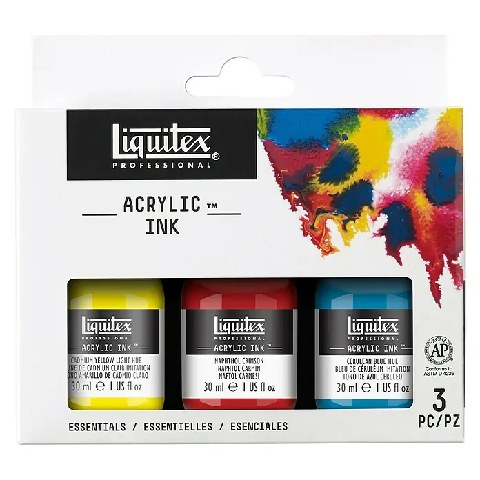 Liquitex Professional Zeichentinten-Set Essentials - 3 Stk. x 30 ml, Flasche mit Tropfpipette - Vorderansicht