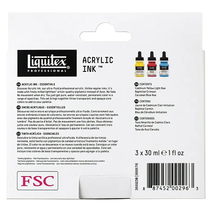 Liquitex Professional Zeichentinten-Set Essentials - 3 Stk. x 30 ml, Flasche mit Tropfpipette - Rückansicht