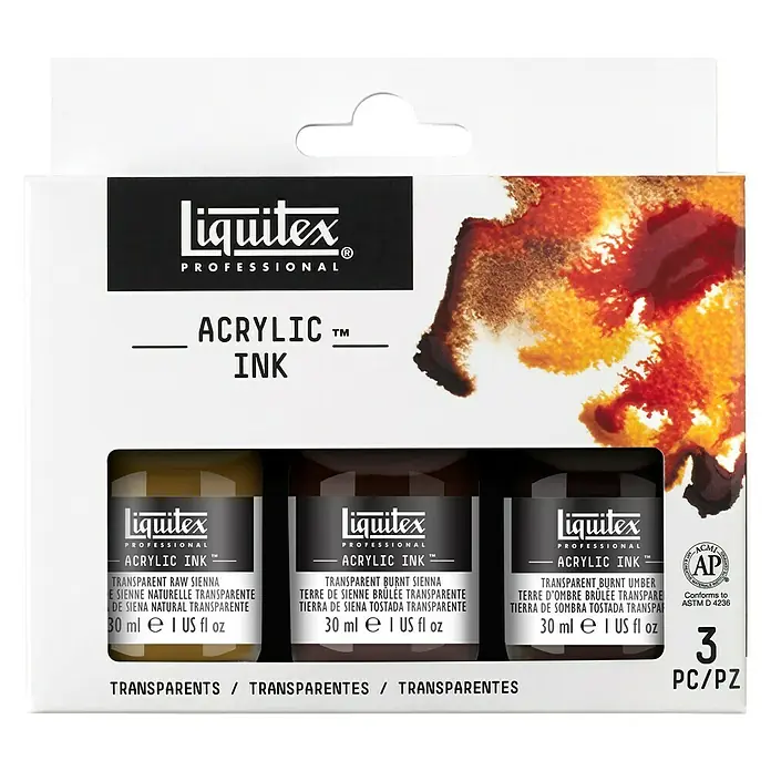 Liquitex Professional Zeichentinten-Set Transparents - 3 Stk. x 30 ml, Flasche mit Tropfpipette - Vorderansicht