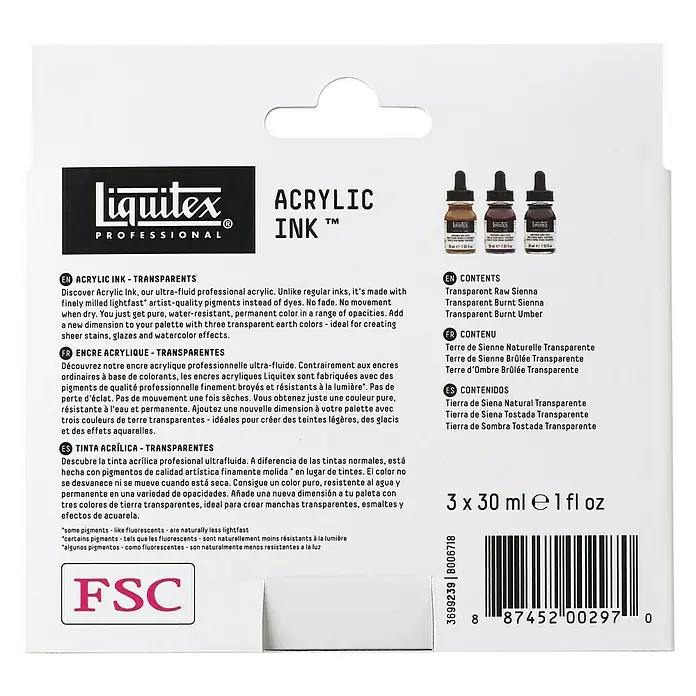 Liquitex Professional Zeichentinten-Set Transparents - 3 Stk. x 30 ml, Flasche mit Tropfpipette - Rückansicht