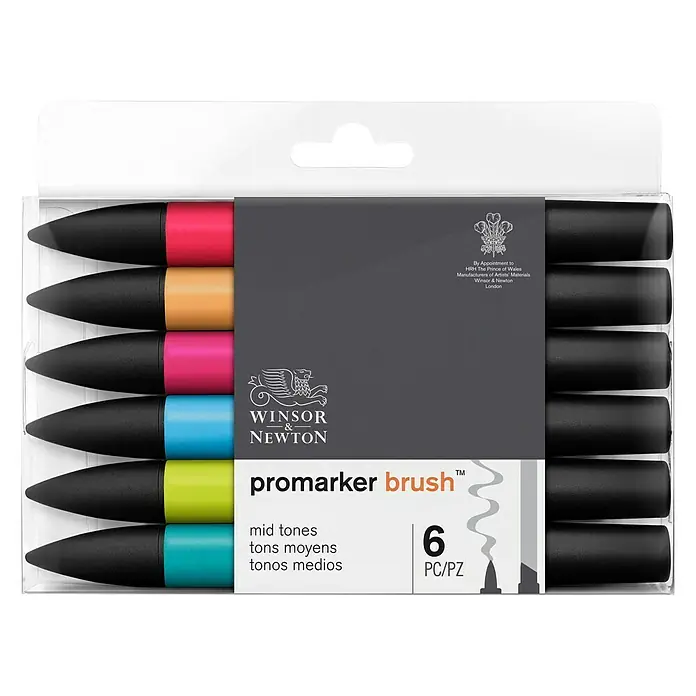 Winsor & Newton Brushmarker-Set - Mittlere Töne, 6 -tlg. - Vorderansicht