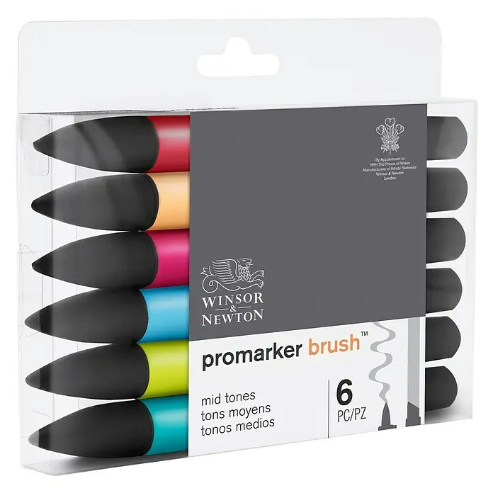 Winsor & Newton Brushmarker-Set - Mittlere Töne, 6 -tlg. - Diagonale Ansicht