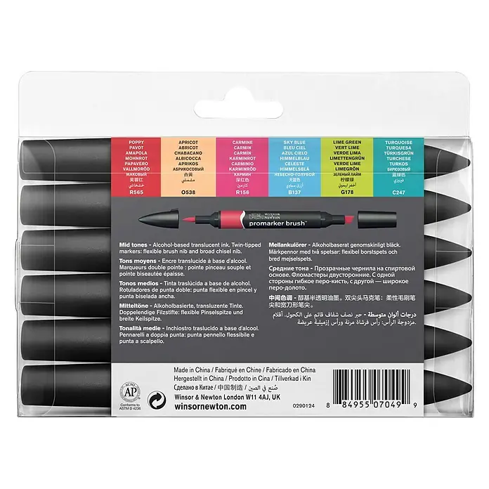 Winsor & Newton Brushmarker-Set - Mittlere Töne, 6 -tlg. - Rückansicht
